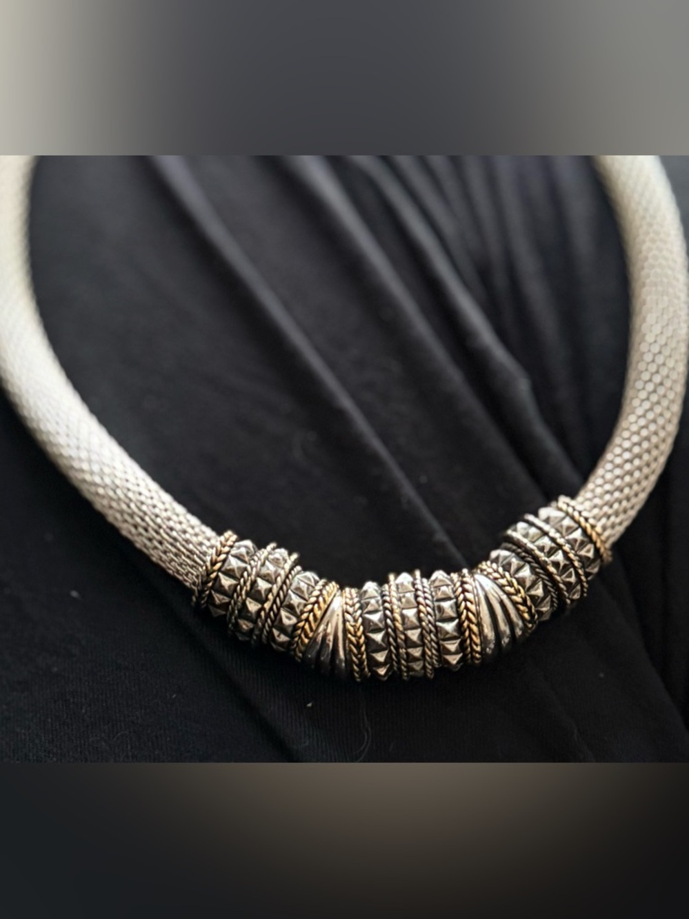 Tibetan Silver Mesh Center-Bead Necklace, Easy Magnetic Closure, Gold Accents